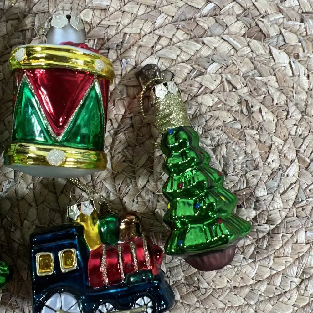 Vintage Thomas Pacconi Glass Christmas Tree 3.5” & 6.5” + Drum Train Ornaments